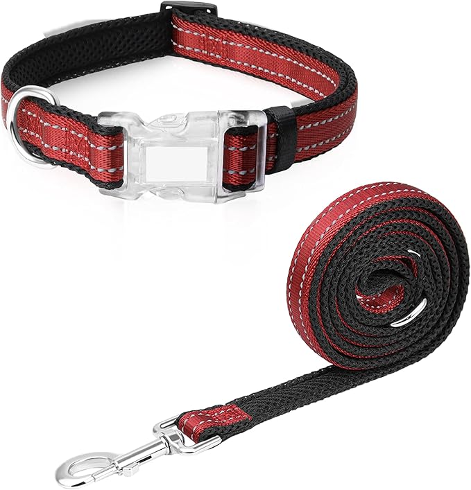 Reflective Dog Collar and Leash Set for Large Dogs, 4 FT/5 FT Dog Leash, Handle with an O-ring, Adjustable Mesh Padded Large Dog Collar with Quick Release Buckle-Red