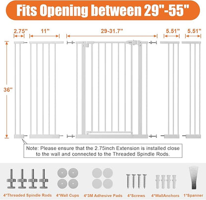 keny 36" Extra Tall Baby Gate for Stairs, 29"-55" Wide Auto Close Dog Gate for Doorways, Pressure Mounted Easy Walk Through Pet Gate with Door, White