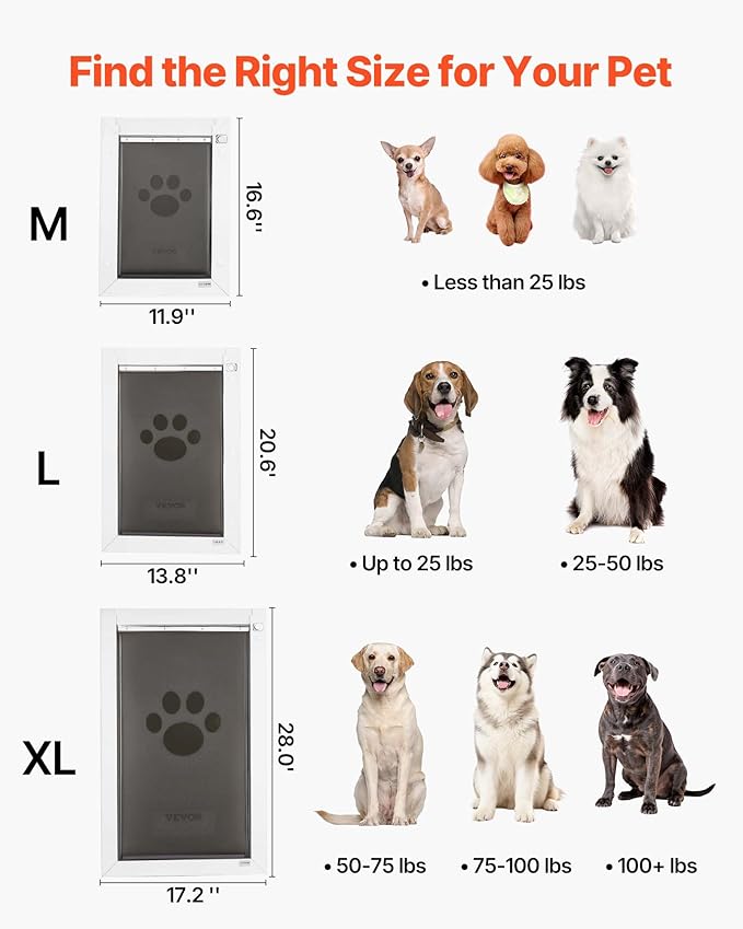 VEVOR Pet Door, X-Large, with Three Magnetic Flaps and Metal Frame, Strong and Weatherproof Dog Door for Interior and Exterior Doors, Easy to Install, Easy in-and-Out Access for Doggies, White