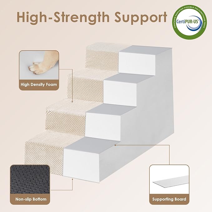 EHEYCIGA Dog Stairs for Bed 20" H, 4-Step Extra Wide Dog Steps for High Bed, Pet Steps for Small Dogs and Cats, Non-Slip Balanced Pet Ramp Indoor, Beige