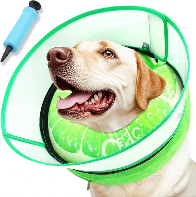 Upgraded Inflatable Dog Cone Collar with Transparent Anti-Licking Shield, Adjustable Elizabethan Collar for Medium Large Dogs, 2-in-1 Design with Detachable Shield and Soft Padding (M, Lime)