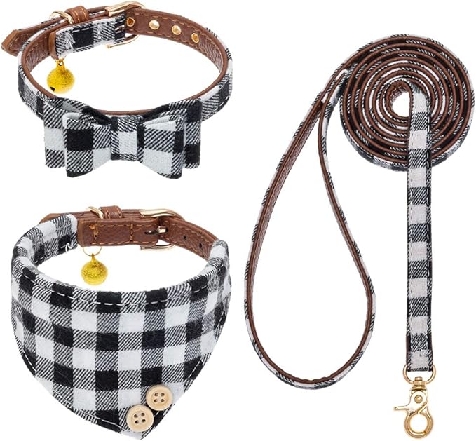 EXPAWLORER Dog Collar and Leash Set - Classic Plaid Dog Bow Tie and Dog Bandana Collar with Bell, Dog Leash Tangle Free, Adjustable Collars for Small Dogs Cats Puppies, Holiday Ideal Gift, XS