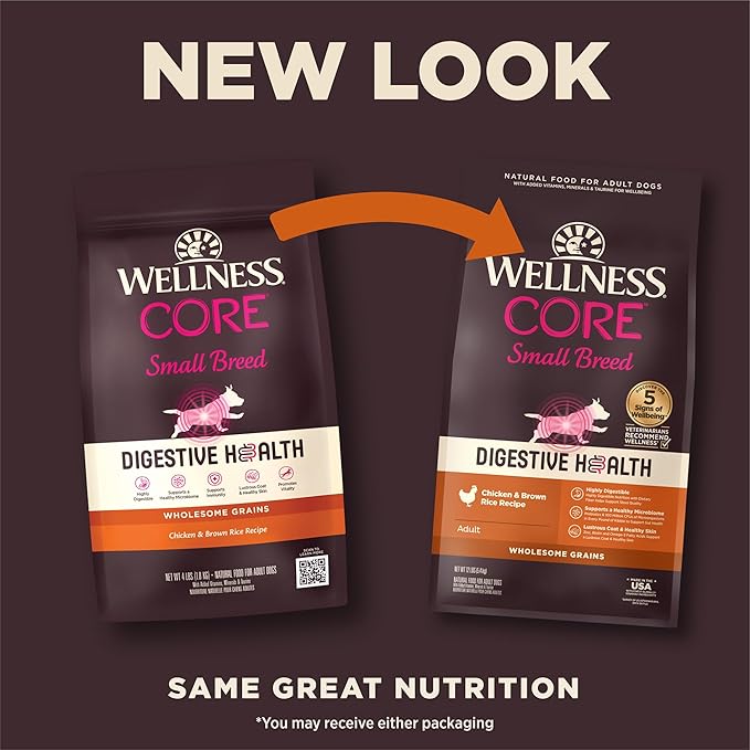 Wellness CORE Digestive Health Small Breed Adult Dry Dog Food, Wholesome Grain Kibble, Sensitive Stomach, Natural, High Protein, Chicken Recipe, 12 lb Bag