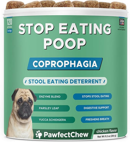 PAWFECTCHEW No Poop Eating for Dogs - Stop and Prevent Coprophagia - Dog Poop Eating Deterrent & Prevention - Digestive Enzymes + Probiotics for Gut Health - Breath Freshener - 120 Chews