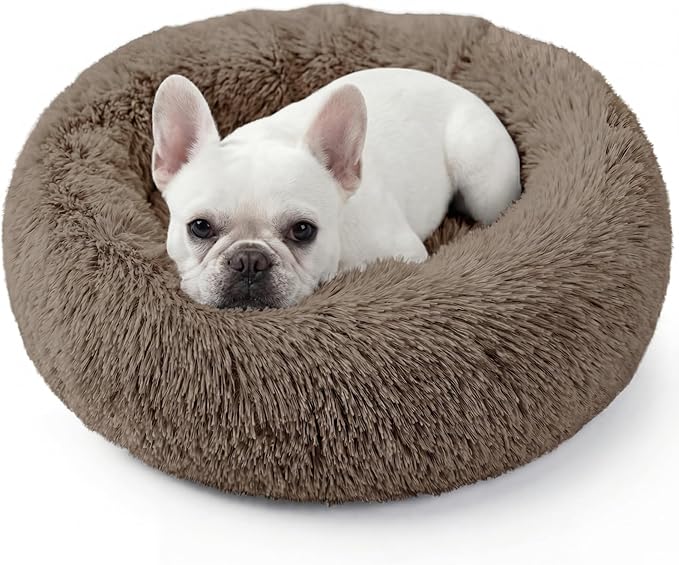 WROS Calming Dog Bed, 24" x 24" x 6" Fits Cat & Dog, Anti-Slip Round Washable Faux Fur for Doze Off, Napping Orthopedic, Khaki