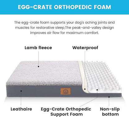 Sunheir Orthopedic Dog Bed for Medium Dogs, Waterproof Deluxe Plush Dog Crate Bed with Removable Washable Cover & Anti-Slip Bottom, Egg Crate Foam Pet Bed Mat, Grey, (30.0" L x 20.0" W x 3.0" Th)