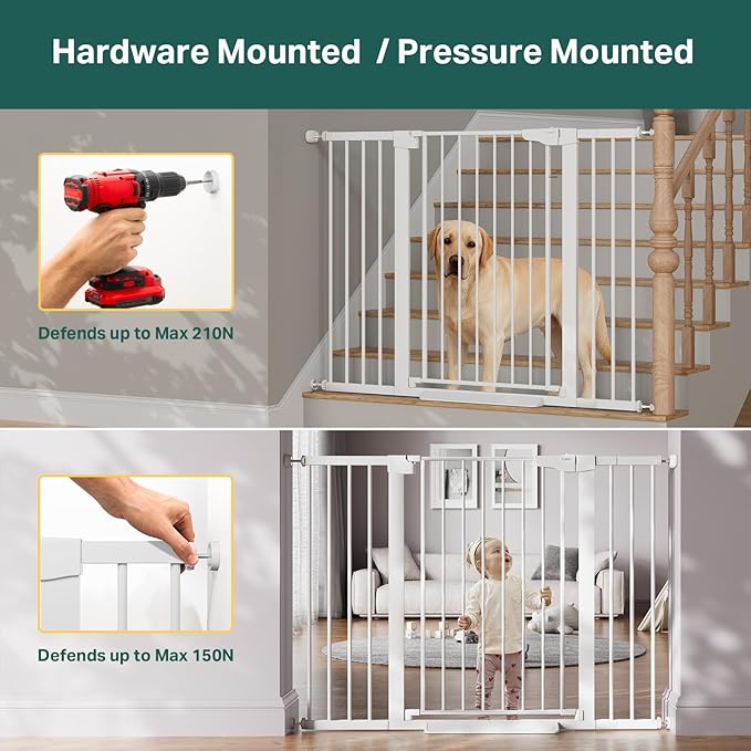 Cumbor 36" Extra Tall 29.7-51.5" Baby Gate for Stairs, Easy Walk Through Dog Gates for Doorways Extra Wide, Pressure Mounted Tall Pet Gate Indoor, Safety Auto-Close Child Gate for Kids, White