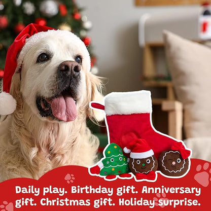 Hollypet Squeaky Dog Toy, Interactive Plush Hide and Seek Dog Toys for Small Medium Sized Dogs and Non-Aggressive Chewers, Puppy Teeth Clean Chew Toys, Christmas Stocking