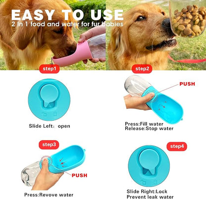 Dog Water Bottle with Food Container, Portable Leak Proof Pet Water Dispenser for Walking Hiking Travel, Puppy Essentials Accessories for Small Large Dogs, Dog Gifts (10oz/15oz/19oz)