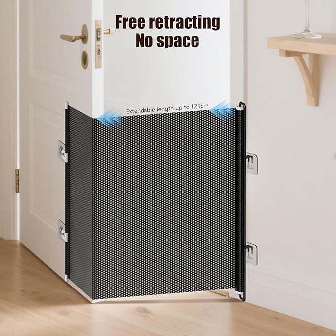 Dog Gate for Stairs- Bretractable Pet Gate, Door Gates for Pets |,No Drilling Safety Barriers 49 Inch Wide for Stairway Hallway Patio Porch Yard Balcony Deck Bathroom Garage