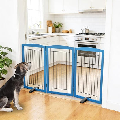 ZJSF Freestanding Dog Fence Indoor, Foldable Dog Gate for Doorways, Stairs or Hallways, Sturdy Wood Extra Wide Pet Gate with Support Feet for The House, Blue, 32 "Height-3 Panels