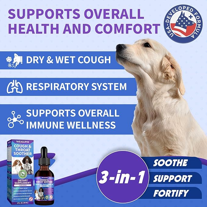 WEALLIN Dog Cough Treatment Support for Dogs - Dog Cough Care Natural Solution for Cough Natural Dog Cough Supplement Herbal Drops Support for All Breeds - 60 ml/2 Fl Oz