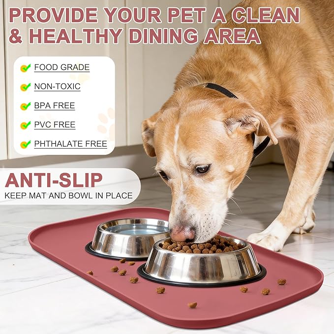Smilool Silicone Pet Food Mat with Raised Edge for Food and Water Bowl, Dog Feeding Mats, Cat Food Trays for Floor Waterproof, Rubber Tray for Dogs and Cats, 19 x 12 x 0.7 Erythrinus