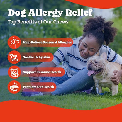 Dog Allergy Relief Chews – 70 Soft Chews, Duck & Pear Flavor - Immune Support & Itch Relief with Colostrum, Astragalus Root, 6-Strain Gut Health Blend