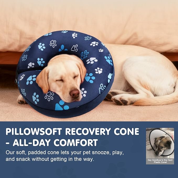 BEAUTYZOO Dog Cone Alternative After Surgery for Large Medium Small Dogs, Soft Inflatable Cone Collar for Dogs Cats, Pet Neck Donut E Collar Dog Recovery Collars to Stop Licking, Navy Blue Paw L