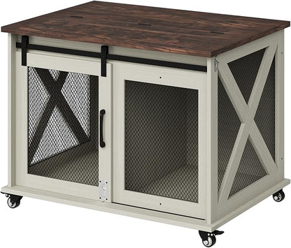 TROPOW Dog Crate Furniture,37 Inch Dog Kennel Furniture, Sliding Barn Door, Flip Top Dog Crate End Table with Removable Divider, Farmhouse Dog Cage for Small to Middle Size Dogs