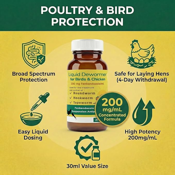 Dewormer for Chickens and Birds Fenbendazole Broad Spectrum Targets Tapeworm Roundworm &Hookworm for Laying Hens Poultry Aviary Wormer Liquid for Pet Birds, Pigeons and Flocks (30ml)