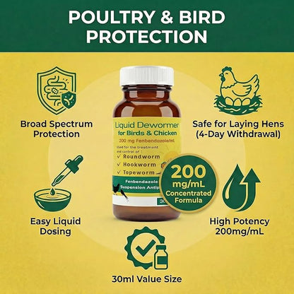 Dewormer for Chickens and Birds Fenbendazole Broad Spectrum Targets Tapeworm Roundworm &Hookworm for Laying Hens Poultry Aviary Wormer Liquid for Pet Birds, Pigeons and Flocks (30ml)