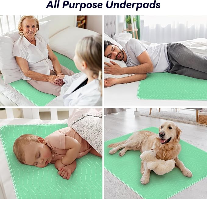 FYGRIP 4 Pack 36” x 36” Extra Heavy Absorbency Washable Underpads, Waterproof Quick Drying Nursing Incontinence Reusable Washable Bed Pee Pads for Dogs, Diaper Changing & Adults, Green