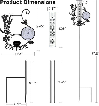 Rain Gauge Outdoor with Thermometer, 7" Capacity Detachable Rain Gauges Outdoors Best Rated with Stake, Cute Dog with Flowers & Butterflies Design Decorative for Garden Yard, Easy-Read Durable