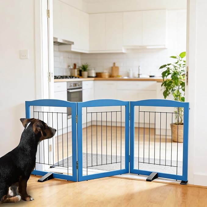 ZJSF Freestanding Dog Fence Indoor, Foldable Dog Gate for Doorways, Stairs or Hallways, Sturdy Wood Extra Wide Pet Gate with Support Feet for The House, Blue, 24 "Height-3 Panels
