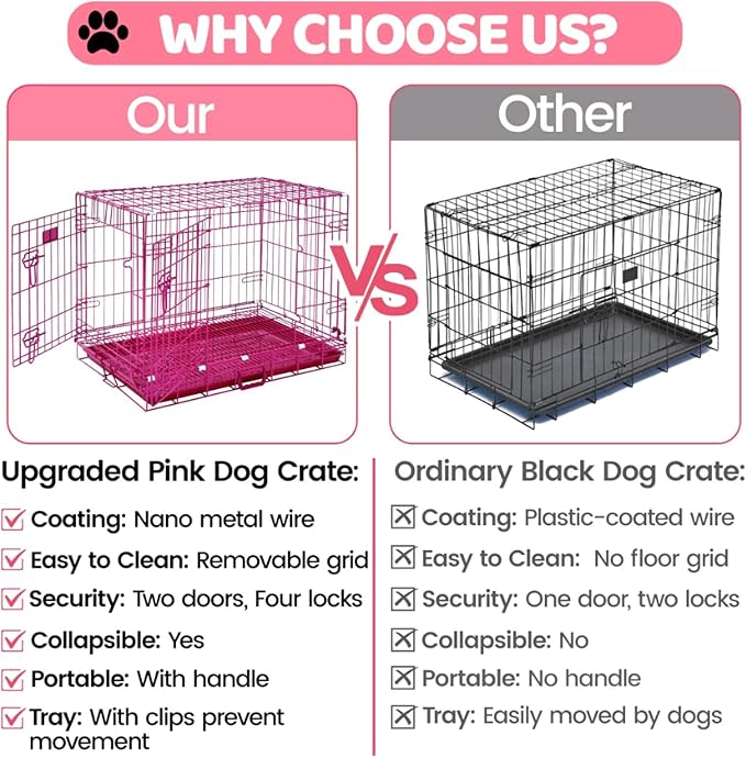 HOMEY PET 24 Inch Small Dog Crate, Cute Pink Puppy Cage Collapsible Dog Kennel Indoor, Nano-Coated Metal Wire Dog Crate with Removable Floor Grid Tray, Double Doors Dual Locks, Portable Handle