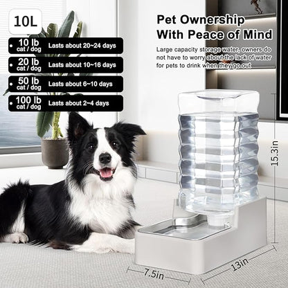 RIZZARI Stainless Steel Pet Water Feeder: 10L Large Gravity Waterer, Less Refills - Leak-Proof Auto Refill - Anti-Tip Base - Easy Clean - No Filter - for 40-60 LB Dogs - Multi-Pet/Garage/Travel