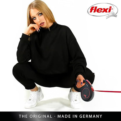 FLEXI New Classic Tape Retractable Dog Leash for Medium Dogs Upto 30-55 lbs. – 16 ft., Black Red |Tangle Free Pet Walking Leash with One-Handed Brake, Pause, Lock |German Quality Product