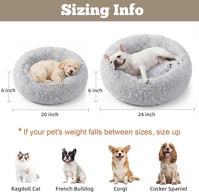 WROS Calming Dog Bed, 24" x 24" x 6" Fits Cat & Dog, Anti-Slip Round Washable Faux Fur for Doze Off, Napping Orthopedic, Grey