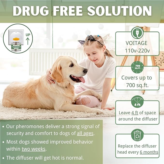 Dog Pheromone Calming Diffuser Kit, Calming Diffuser for Dog (2 Plug-Ins & 4×48ml Refills) for Stress Support, Helps Reduce Barking & Aggression, 120-Day Supply (Non-Toxic, Safe & Inedible)