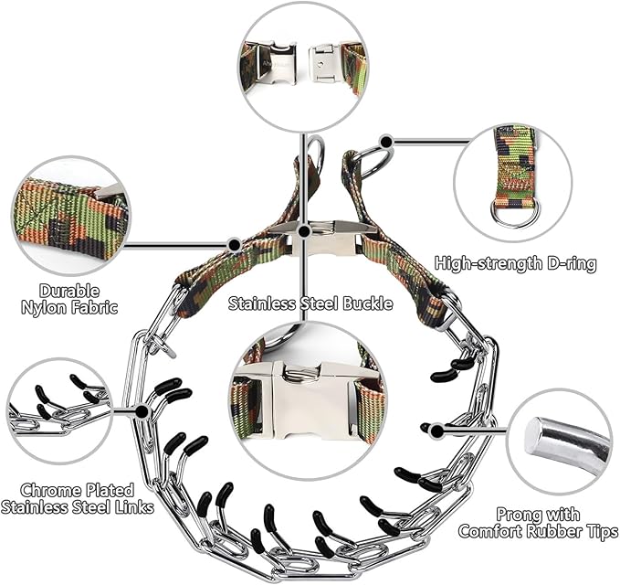 Prong Collar for Large Dogs, Dog Pinch Collar,Dog Choker Collar,High Strength Quick Release Metal Buckle,Comfort Rubber Tips,for Large Dogs (4.0mm, 23.6-Inch, Camouflage Green)