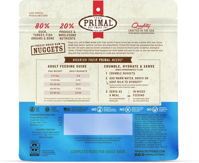 Primal Freeze Dried Raw Dog Food Nuggets, Duck, Complete & Balanced Meal, Also Use as Topper or Treat, Premium, Healthy, Grain Free, High Protein Raw Dog Food, 14 oz