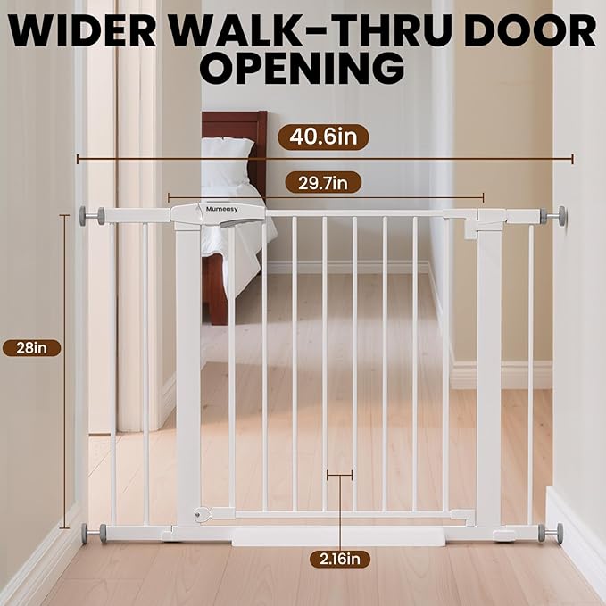 Baby Gate for Stairs, 29.7-40.6" Pressure Mounted Dog Gate, Auto Close Safety Gate for Children & Pets, Easy Install Pet Gate with Walk Thru Door for Doorways & Hallways, No Drilling, Dual-Lock Design