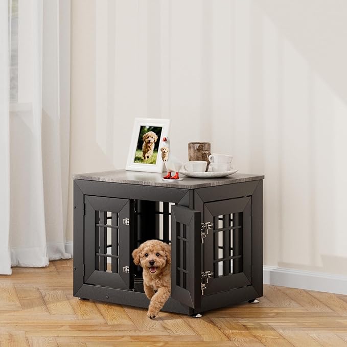 Snuowu 26" Heavy Duty Dog Crate Furniture for Small,Medium and Large Dogs,Rustic Wooden Dog Cage Kennel Indoor Furniture with Waterproof Top,Decorative Pet House Side End Table (Black & Grey)