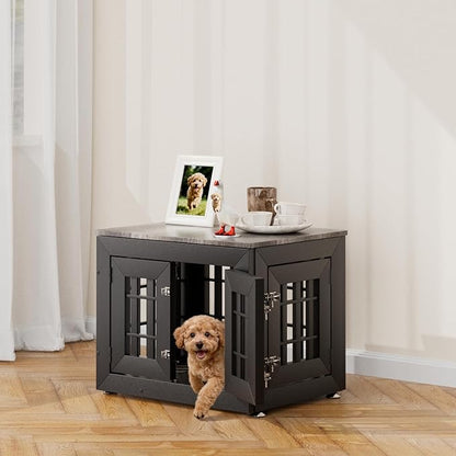 Snuowu 26" Heavy Duty Dog Crate Furniture for Small,Medium and Large Dogs,Rustic Wooden Dog Cage Kennel Indoor Furniture with Waterproof Top,Decorative Pet House Side End Table (Black & Grey)