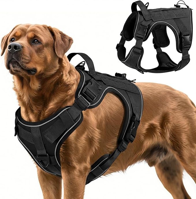 VavoPaw Heavy Duty Tactical Dog Harness for Large Dogs, No Pull Adjustable Pet Harness Reflective Service Training Easy Control Pet Vest Military K9 Working Dog Harnesses, Black, XL