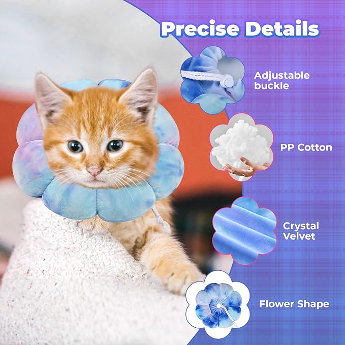 Flower Cat Cone, Uadonile Adjustable Cat Cone Collar, Soft Dog Elizabethan Collar Recovery E Collar After Surgery, Recovery E-Collar for Kittens/Puppies and Cats Recovery(Tie-dye Purple Blue, S)