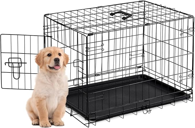 Dog Crate, Small 24 Inch Single Door Portable Puppy Dog Cage, Metal Wire Pet Kennel with Secure Lock, Leak-Proof Pan Tray, Foldable Design for Small Dog Indoor Training and Outdoor Trave