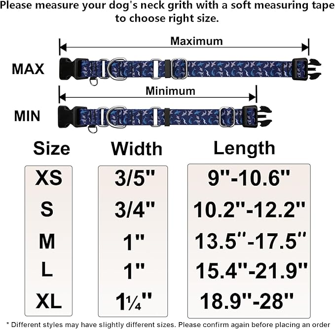 Martingale Collar for Dogs with Buckle Shark Dog Collar Adjustable Soft Nylon Boy Dog Collars for Large Dogs, Deep Blue Shark
