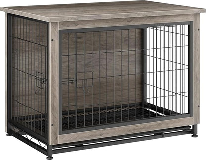 JY QAQA Wooden Crate Furniture, Double-Doors Indoor Kennel Table, Dog House, Cage/Grey/M