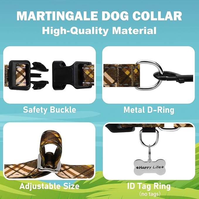 Fall Reflective Martingale Collar for Dogs with Quick Release Buckle Autumn Dog Collars (Brown Plaid, Small)