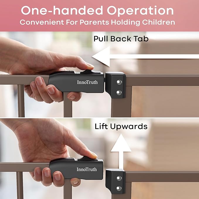 InnoTruth 29.5–40.75" Baby Gate for Stairs, 28" Tall Dog Gates for Doorways & Hallways, Safety Gate for Kids & Pets, Pressure-Mounted Walk-Through with Dual Lock & 2-Way Swing, Brown