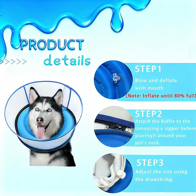 2-in-1 Soft Inflatable Dog Cone Collar Alternative with Enhanced Anti-Licking Guard Shield, Dog Collar After Surgery, Adjustable Recovery Cones for Large Medium Small Dogs and Cats(Blue, M)