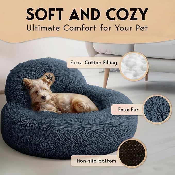 PetJett Small Dog Bed - 23'' Round Dog Beds, Calming Puppy Bed - Anti-Slip & Washable Super Soft Fluffy Plush Faux Fur Pet Bed, Anti-Anxiety Premium Comfort Donut Bed, Fits Dogs upto 25 lbs, Dark Gray
