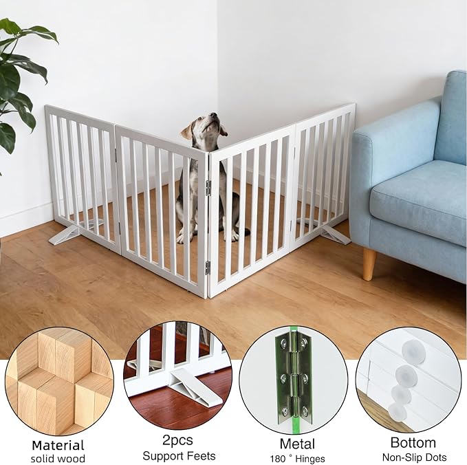 Dog Gate Indoor, Freestanding Dog Fence for The House, Doorways, Hallways,or Stairs,Pet Gate Foldable Wooden,Expandable 24" Height 4 Panels,White
