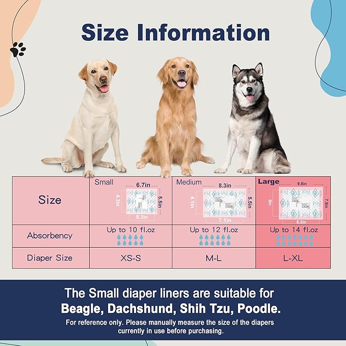 Dog Diapers Liners Large, 130 Ct, Super Absorbent Diaper Pads for Male and Female, Hook-and-Loop Tape Design Design, Super-fit & No Shifting, for Dog Period Diapers Belly Bands