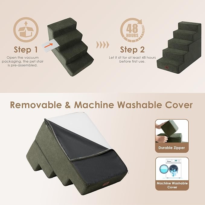 EHEYCIGA Dog Stairs for High Bed 22.5" H, 5-Step Dog Steps for Bed, Pet Steps for Small Dogs and Cats, Non-Slip Balanced Pet Ramp Indoor, Military Green