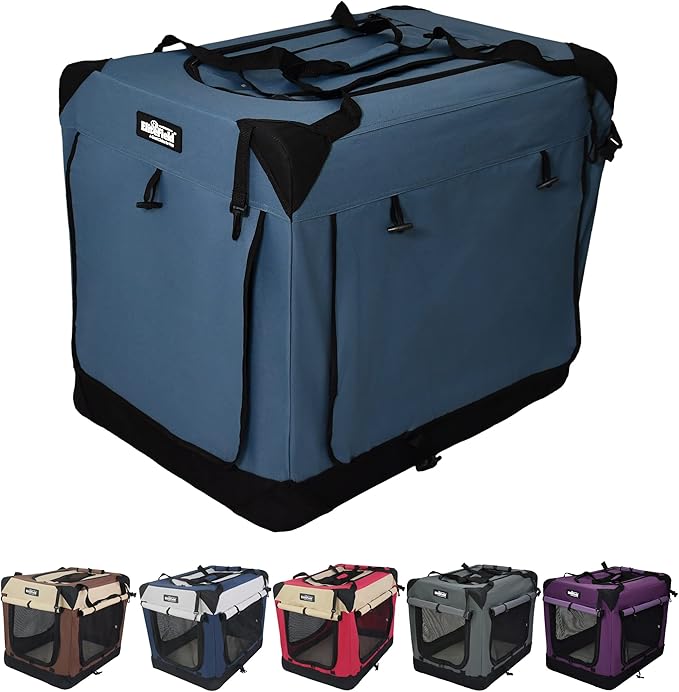 EliteField 4-Door Folding Soft Dog Crate with Curtains, Carrying Bag and Fleece Bed (2 Year Warranty), Indoor & Outdoor Pet Home (30" L x 21" W x 24" H, Blue Gray+4 Door Curtains)