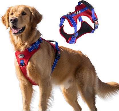 Tactical Dog Harness for Large Medium Dogs No Pull Adjustable Pet Vest with Reflective Straps Front & Back Clips Handle for Hiking Walking Hunting– 4 Sizes with or Without Leash (RED, XL)