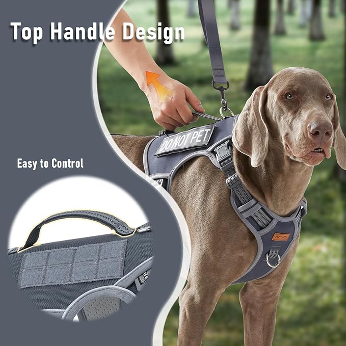 AUNZO Gray Tactical Dog Harness for Large Dog Breeds, No Pull Adjustable Pet Harness with Handle, Reflective K9 Military Service Dog Vest for Walking Hiking Training, Gray, XL